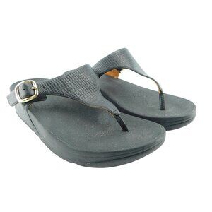 FITFLOP Black Textured Leather Buckled Thong Sandals 6